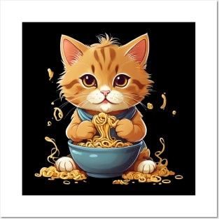 Cat eating noodles Posters and Art